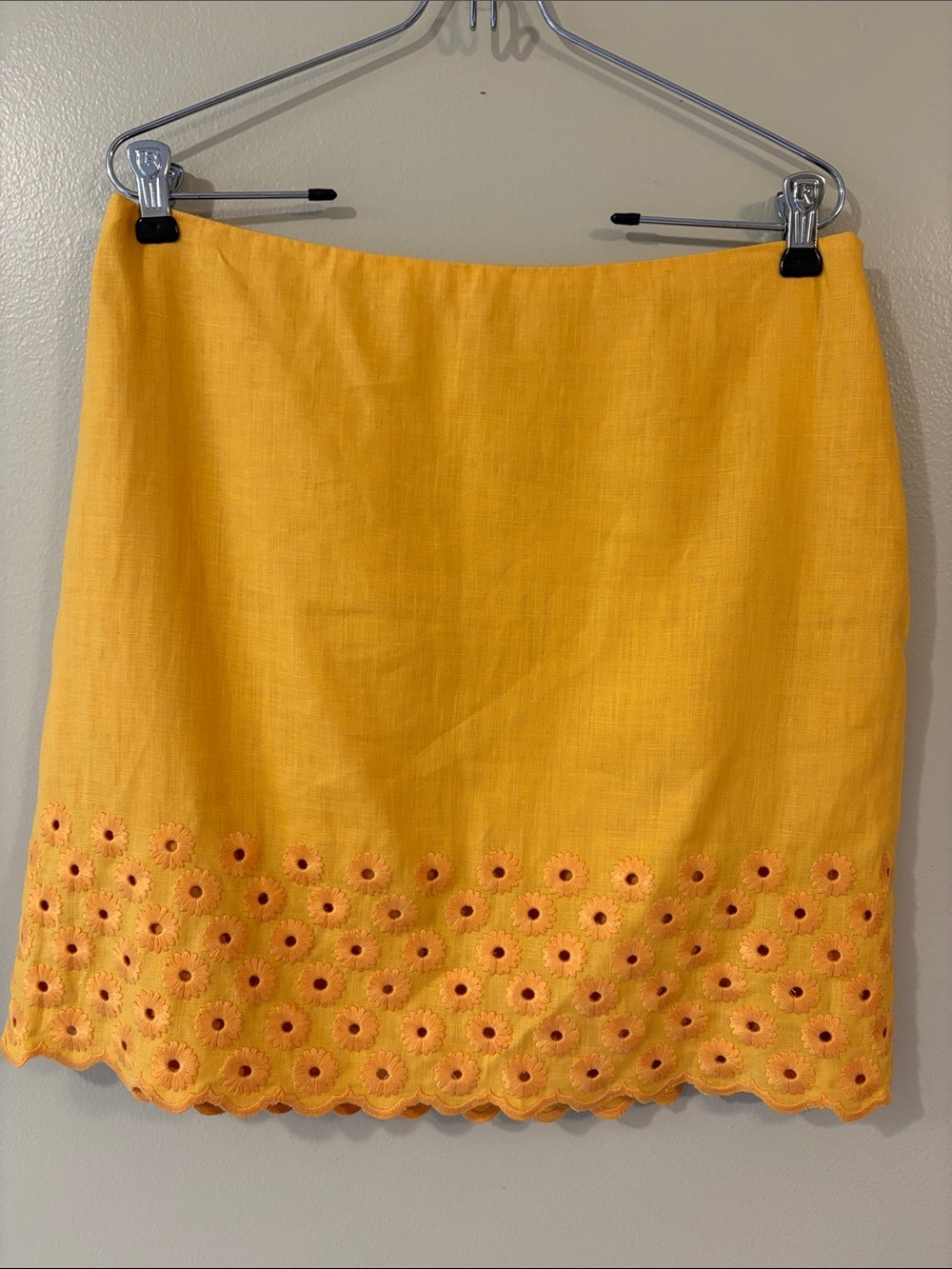 Michael Kors Yellow Linen Skirt Size 8 Floral Eyelet Embroidered Scallop Hem